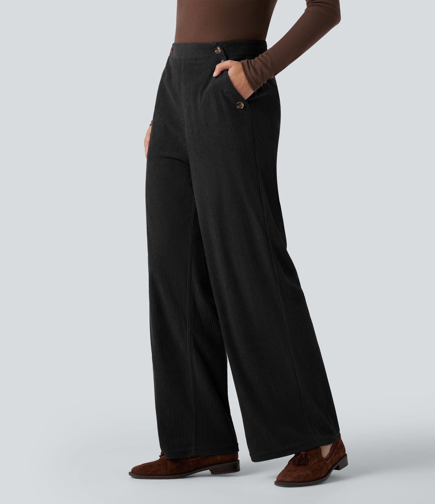 Pantalon décontracté droit en velours côtelé, taille haute, avec poches