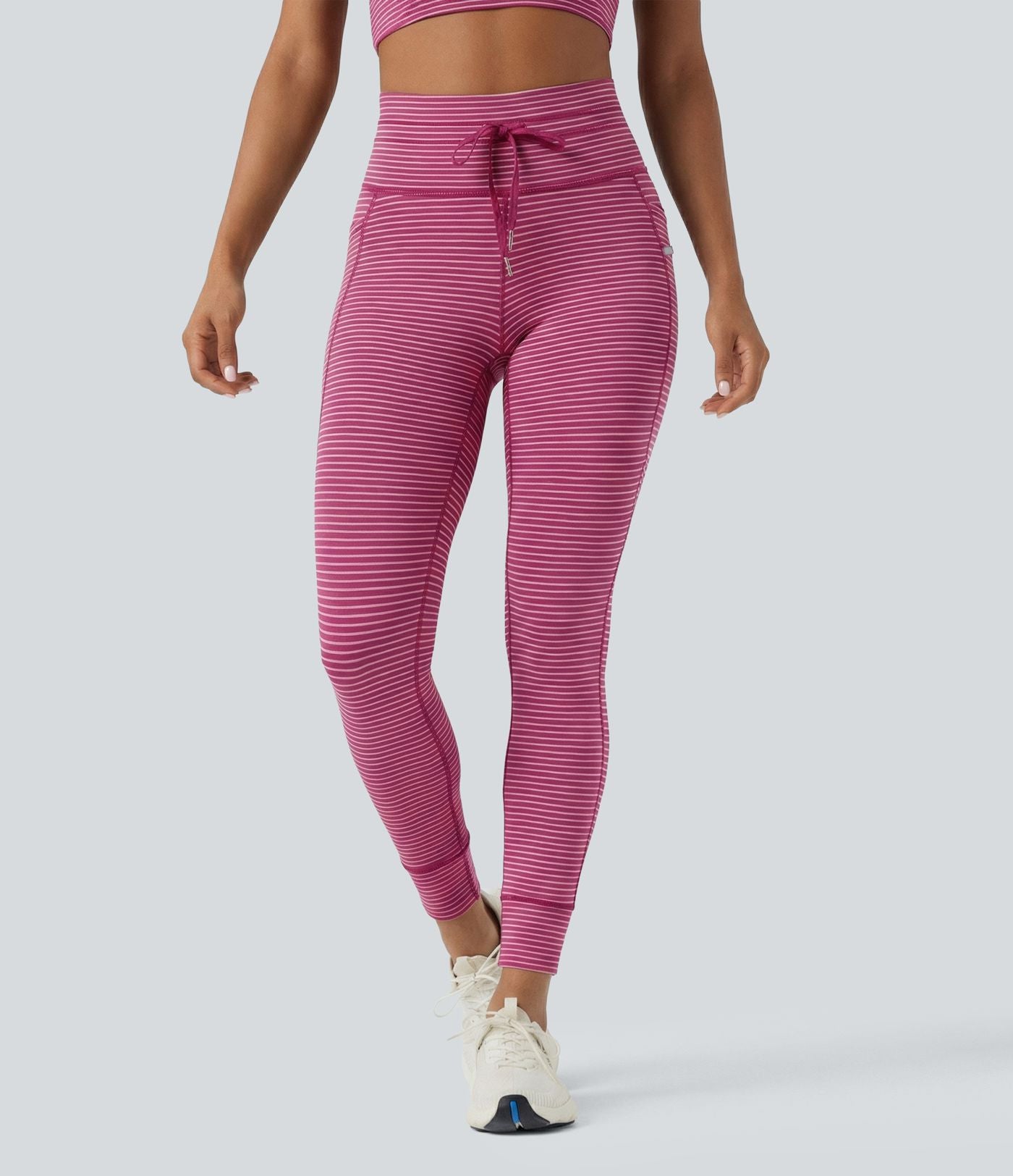 Legging de yoga rayé taille haute avec cordon de serrage et poches
