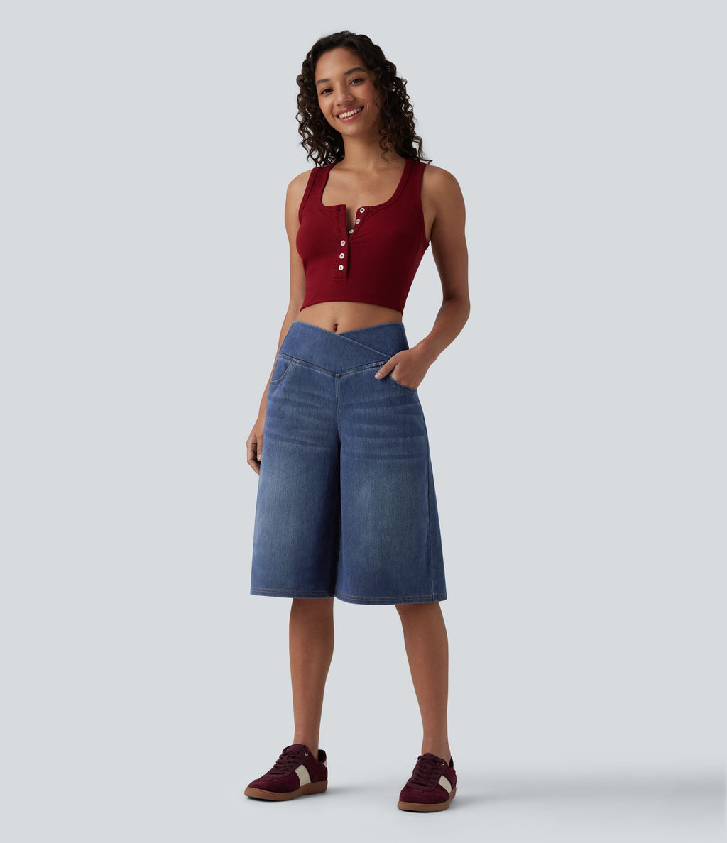 Short en jean ample Halara Flex™ taille haute croisé gainant décontracté avec poches