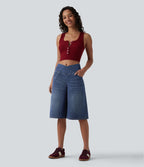 Short en jean ample Halara Flex™ taille haute croisé gainant décontracté avec poches