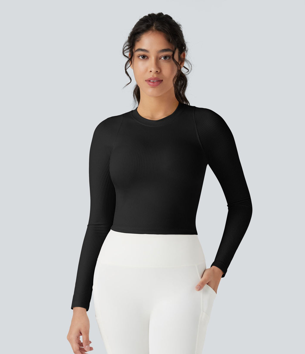 Top de sport yoga ajusté côtelé maille col rond manches longues