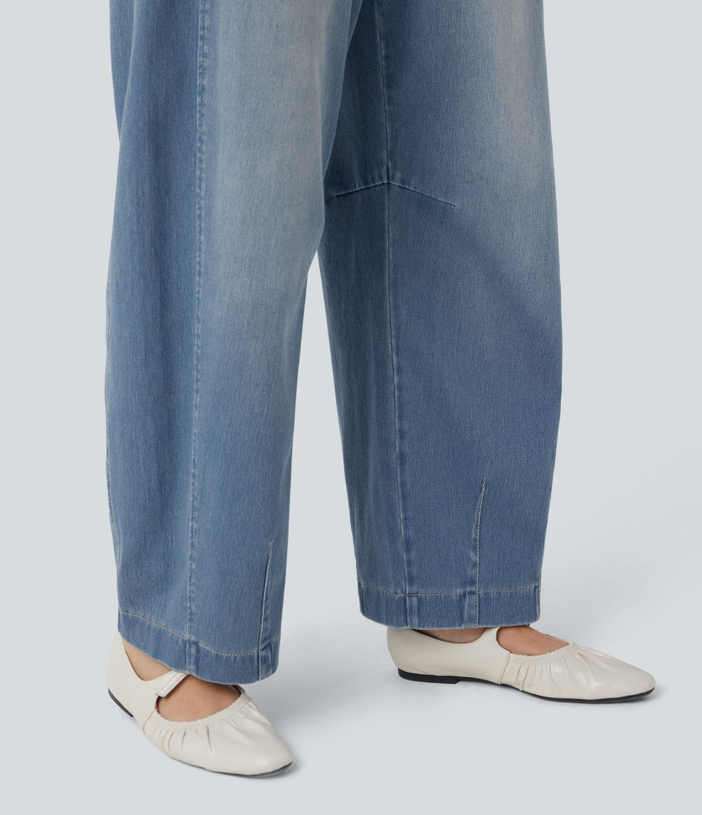 Jean jogging barrel Halara Flex™ molleton français délavé jambe ballon taille mi-haute avec cordon de serrage et poches