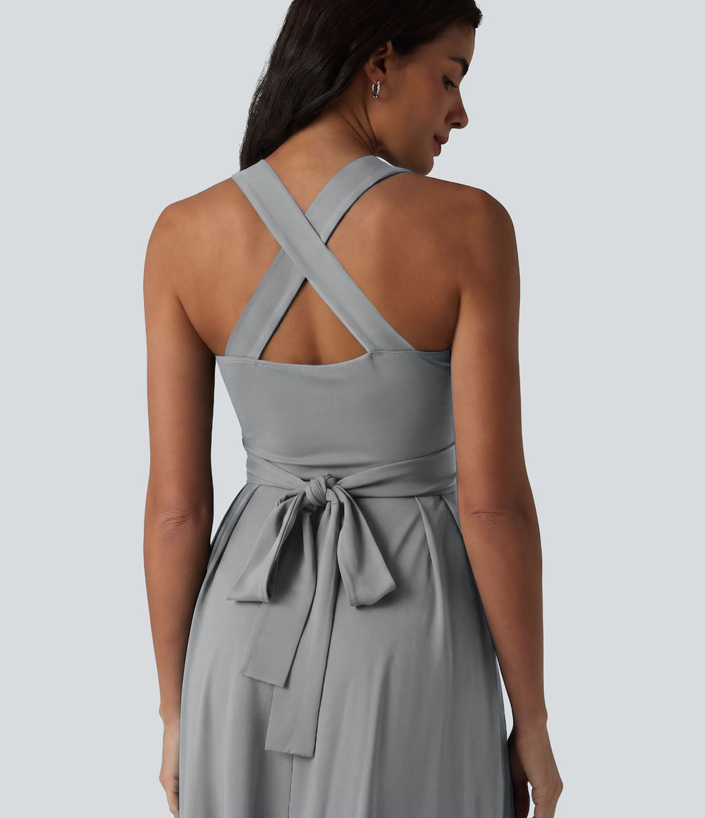 Robe midi fluide sans manches décolleté cœur avec bretelles croisées, nœud dans le dos et poches