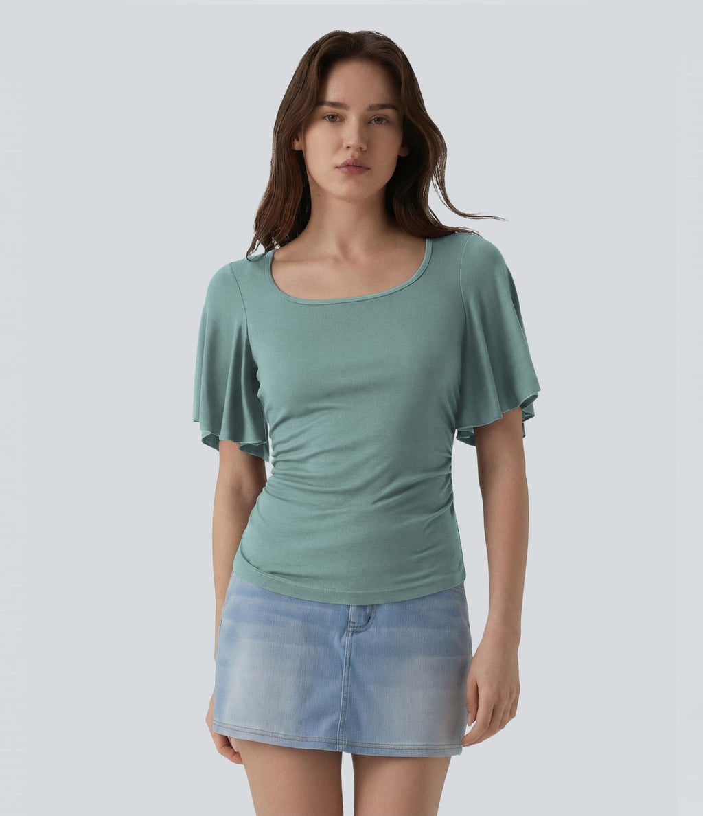 T-shirt décontracté maille côtelée col carré manches papillon froncé