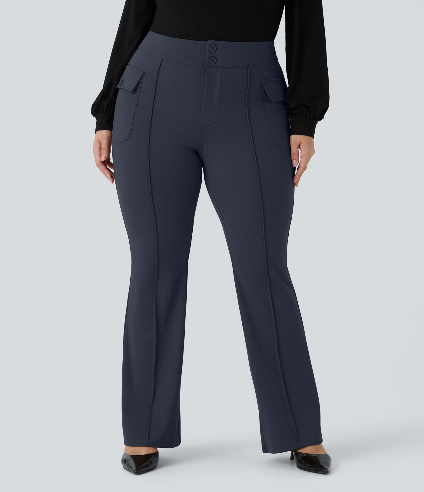 Pantalon cargo évasé taille haute grande taille avec poches à rabat latérales