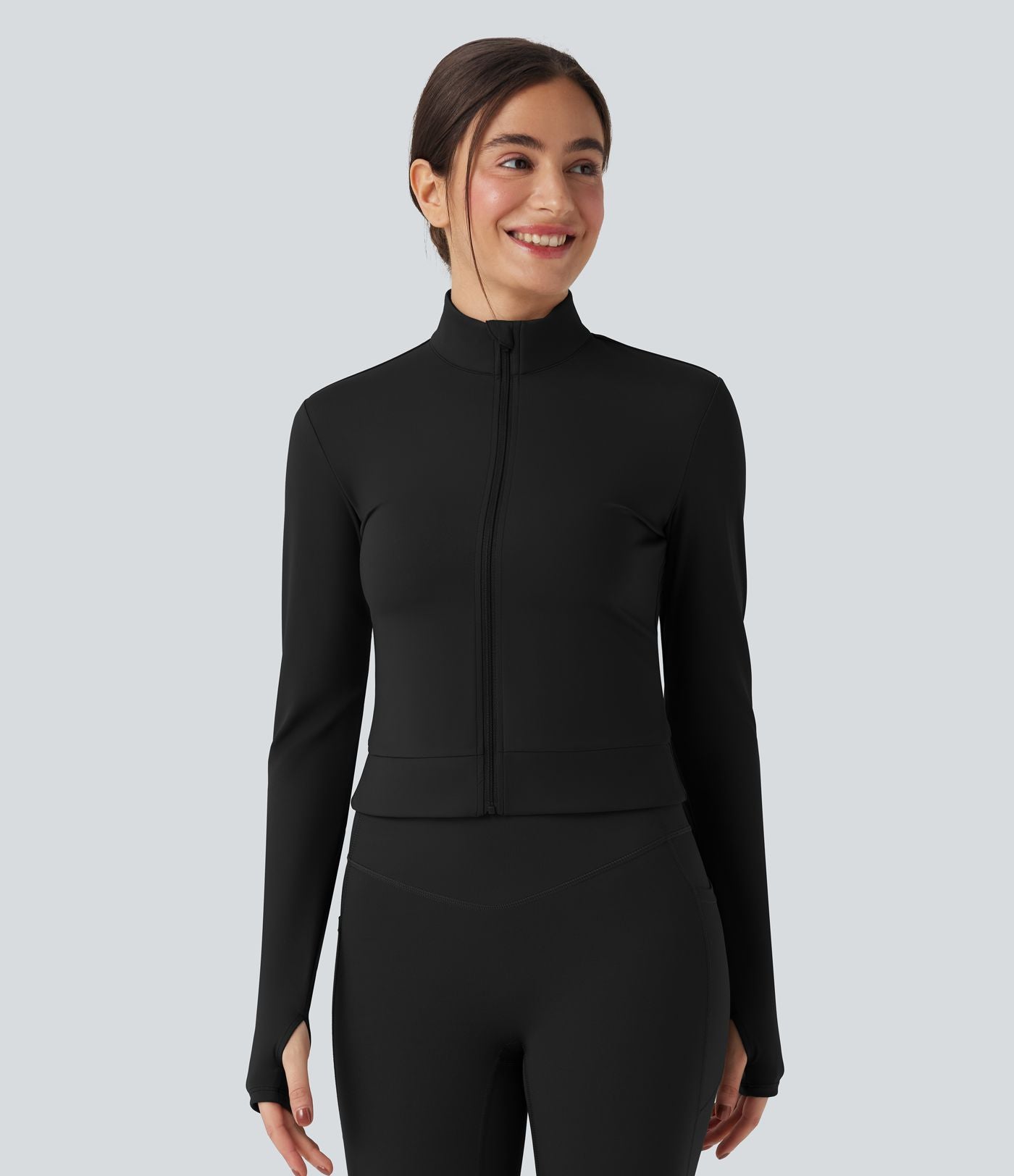 Veste yoga SoftlyZero™ Plush col montant manches longues avec trous pour pouces et dos croisé