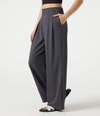 Pantalon casual ample toucher lin taille mi-haute à poches