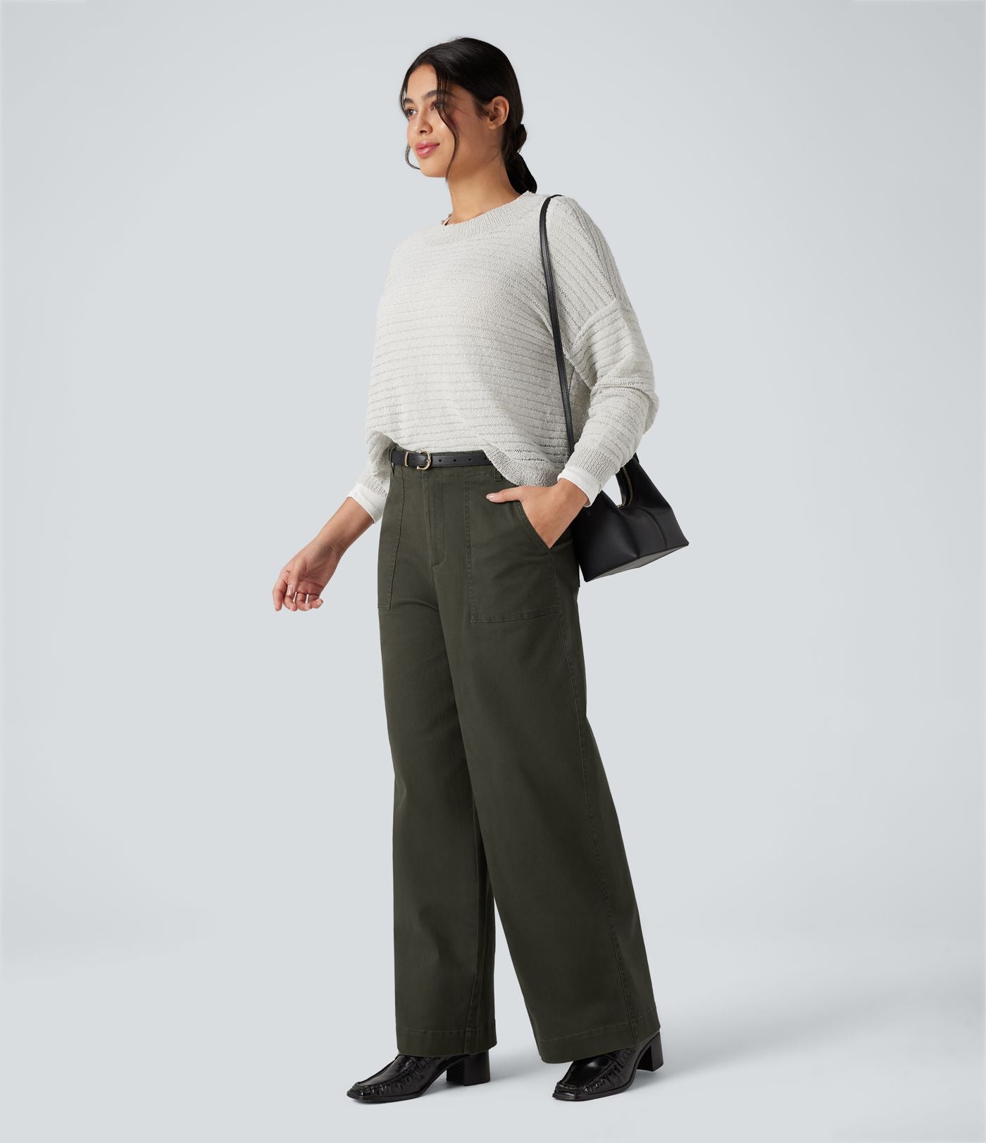 Pantalon chino coton jambes larges taille mi-haute avec poches