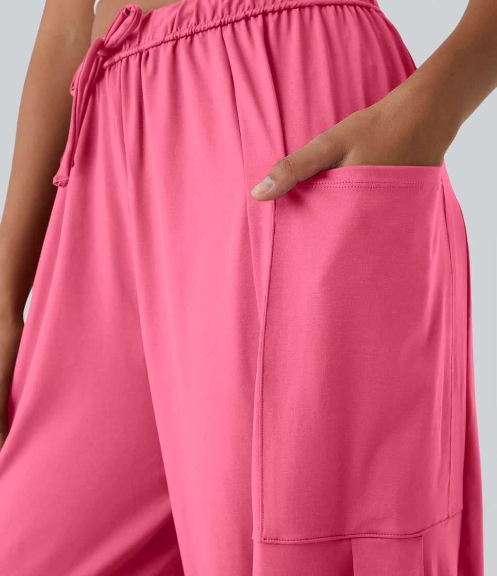 Pantalon Large Fluide Taille Mi-Haute Taille Élastique Cordon Poches Latérales Ourlet Flottant
