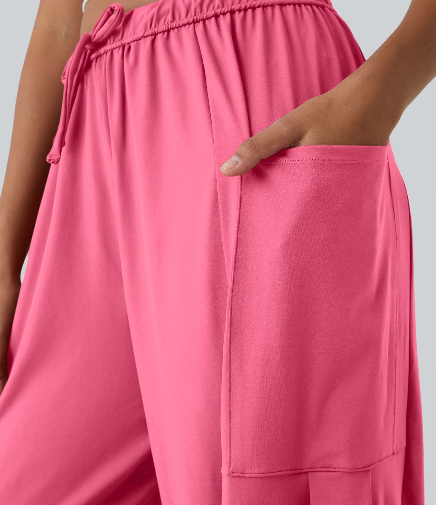 Pantalon Large Fluide Taille Mi-Haute Taille Élastique Cordon Poches Latérales Ourlet Flottant