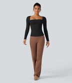 T-shirt tailleur côtelé col carré froncé manches longues