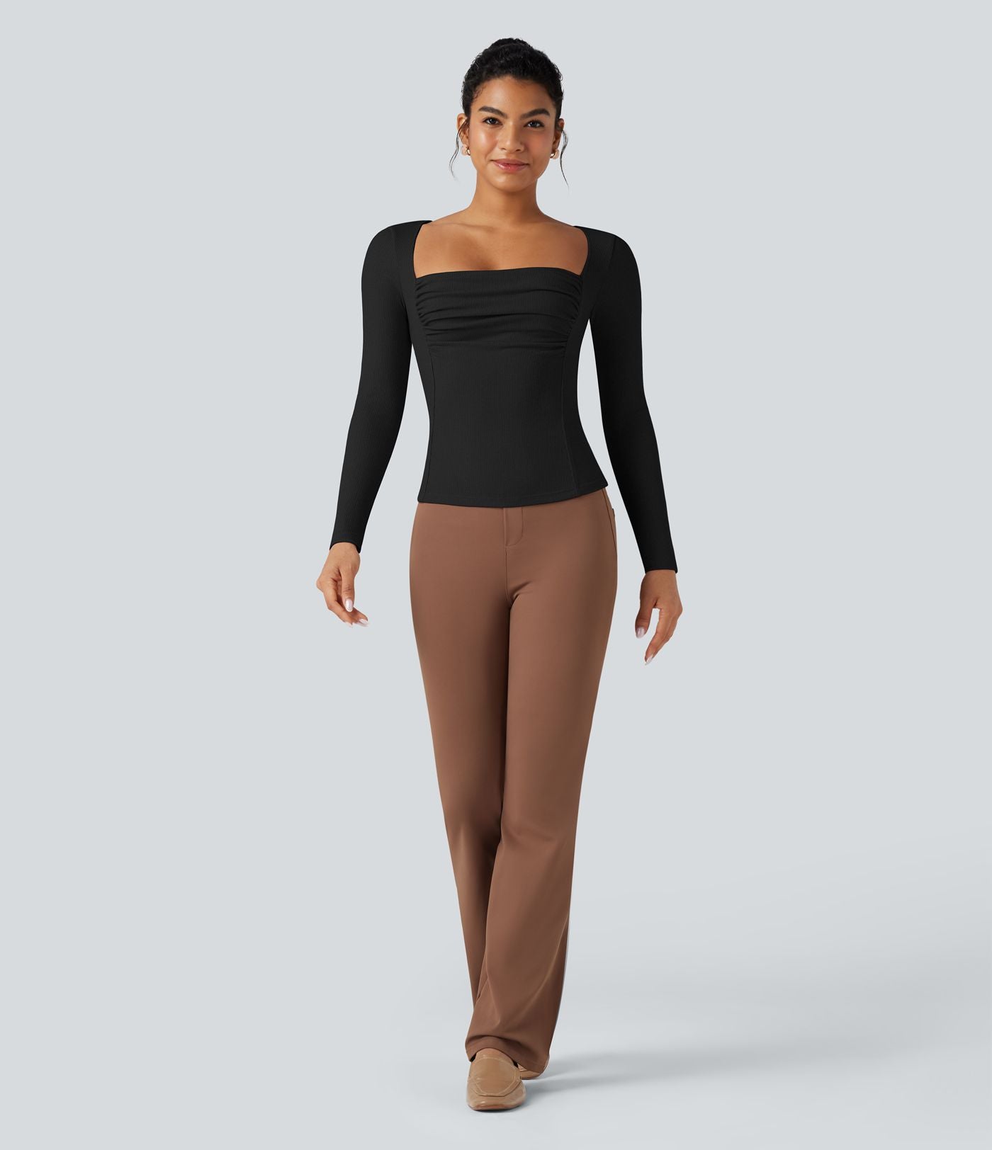 T-shirt tailleur côtelé col carré froncé manches longues