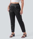 Pantalon tailleur fuselé en satin taille haute grande taille avec poches