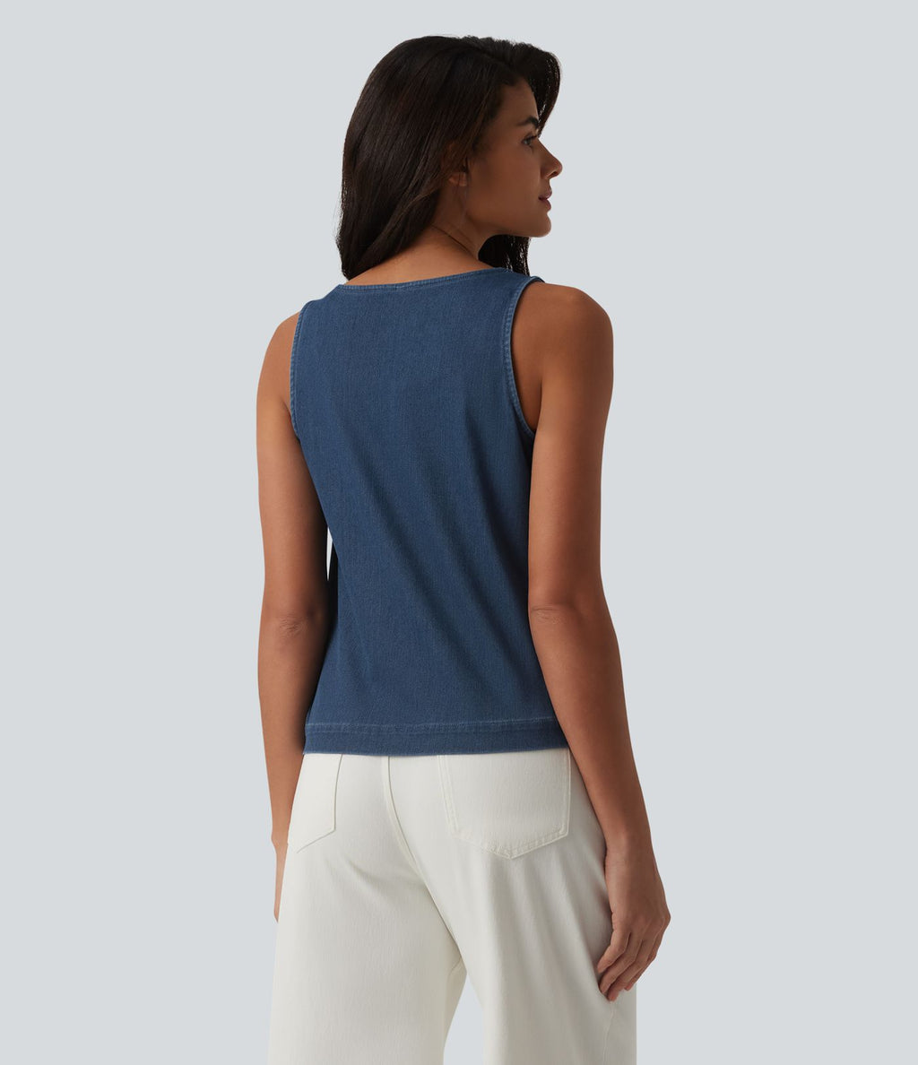 Débardeur décontracté en denim à col rond Halara Flex™ avec poche