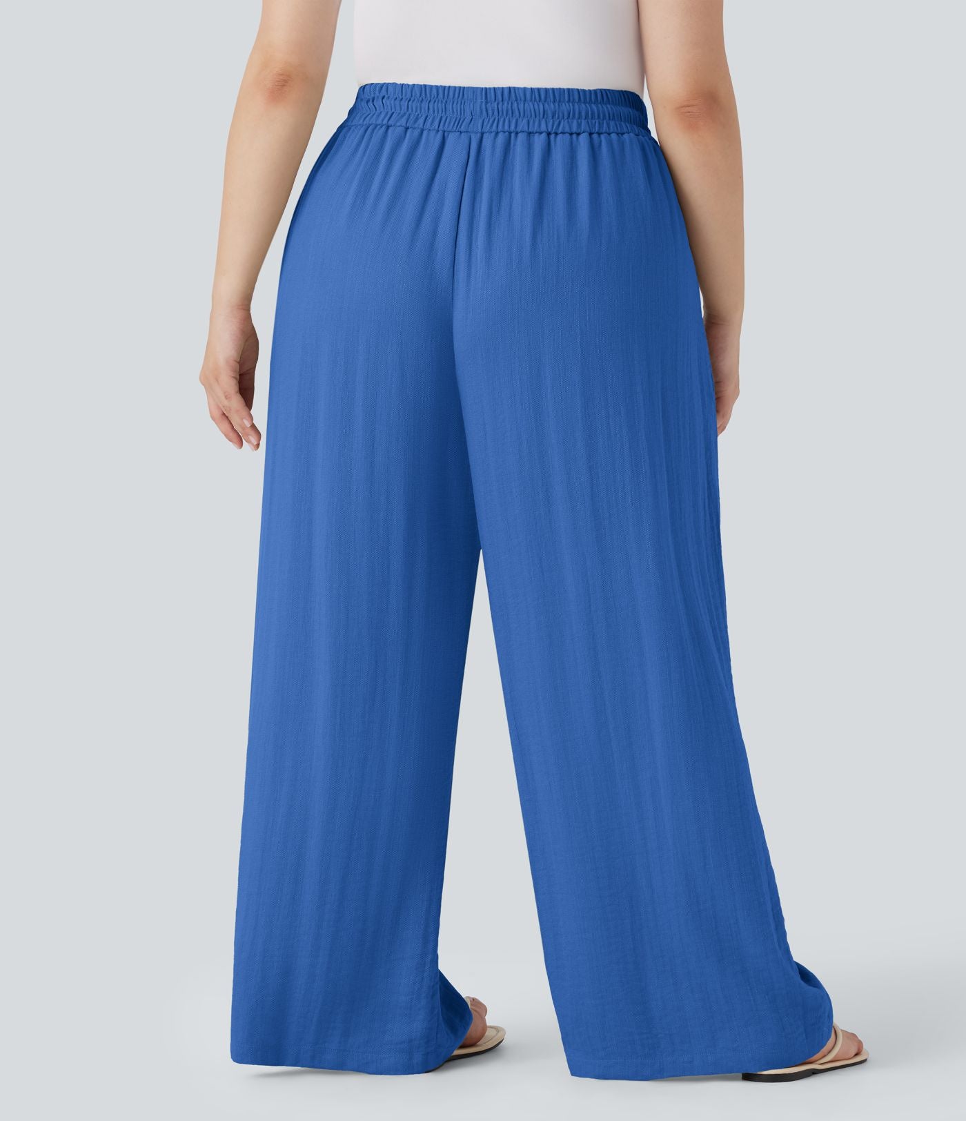 Pantalon décontracté grande taille large fluide taille haute effet lin avec cordon de serrage et poches