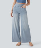 Halara Flex™ Jean Large Casual Taille Haute Poches Multiples Tricot Extensible Délavé