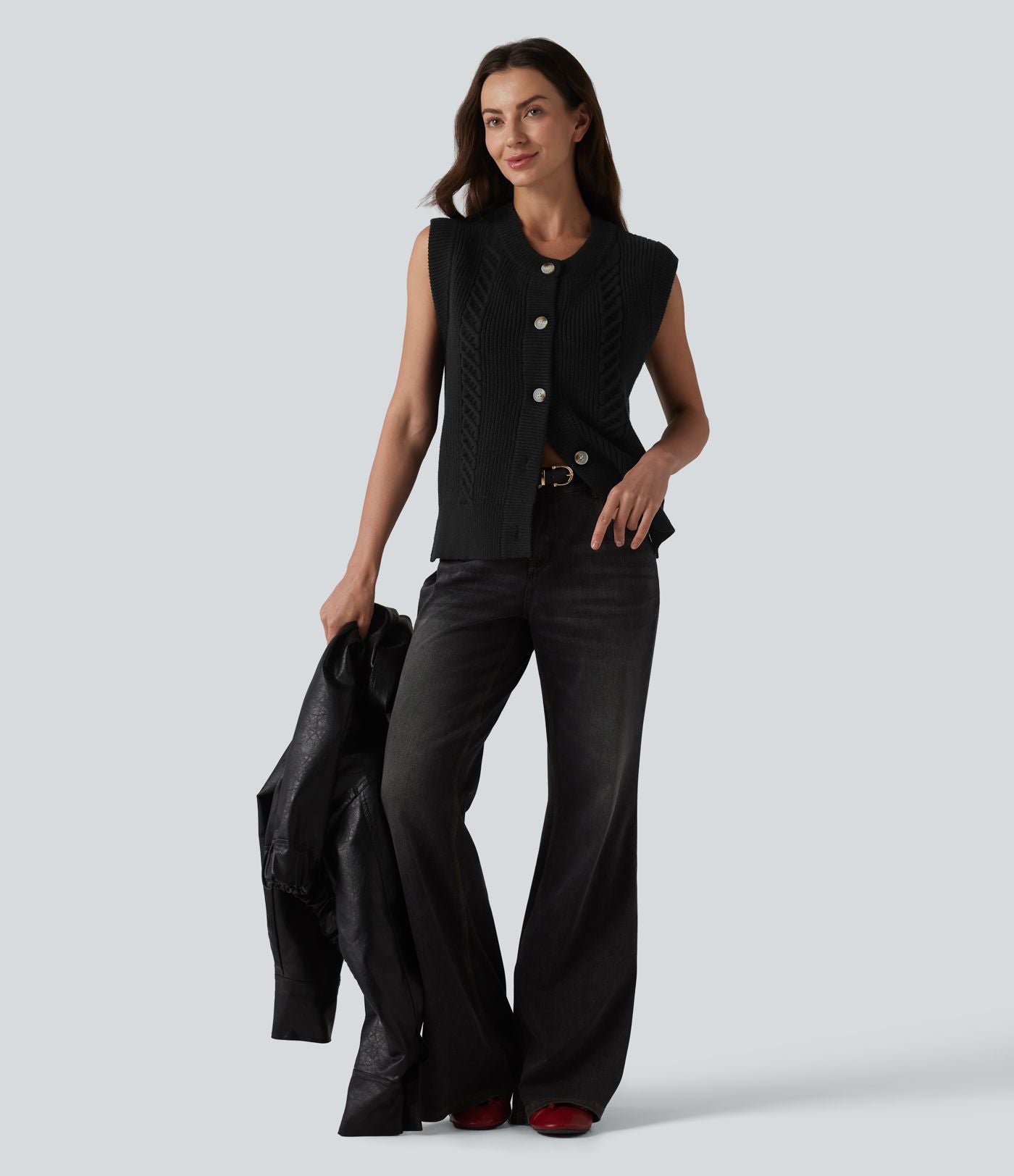 Gilet casual col rond ourlet fendu boutonnage devant