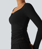 T-shirt tailleur côtelé col henley froncé ourlet arrondi manches longues