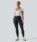 Legging casual 7/8 taille haute ventre plat en similicuir extensible, avec poches
