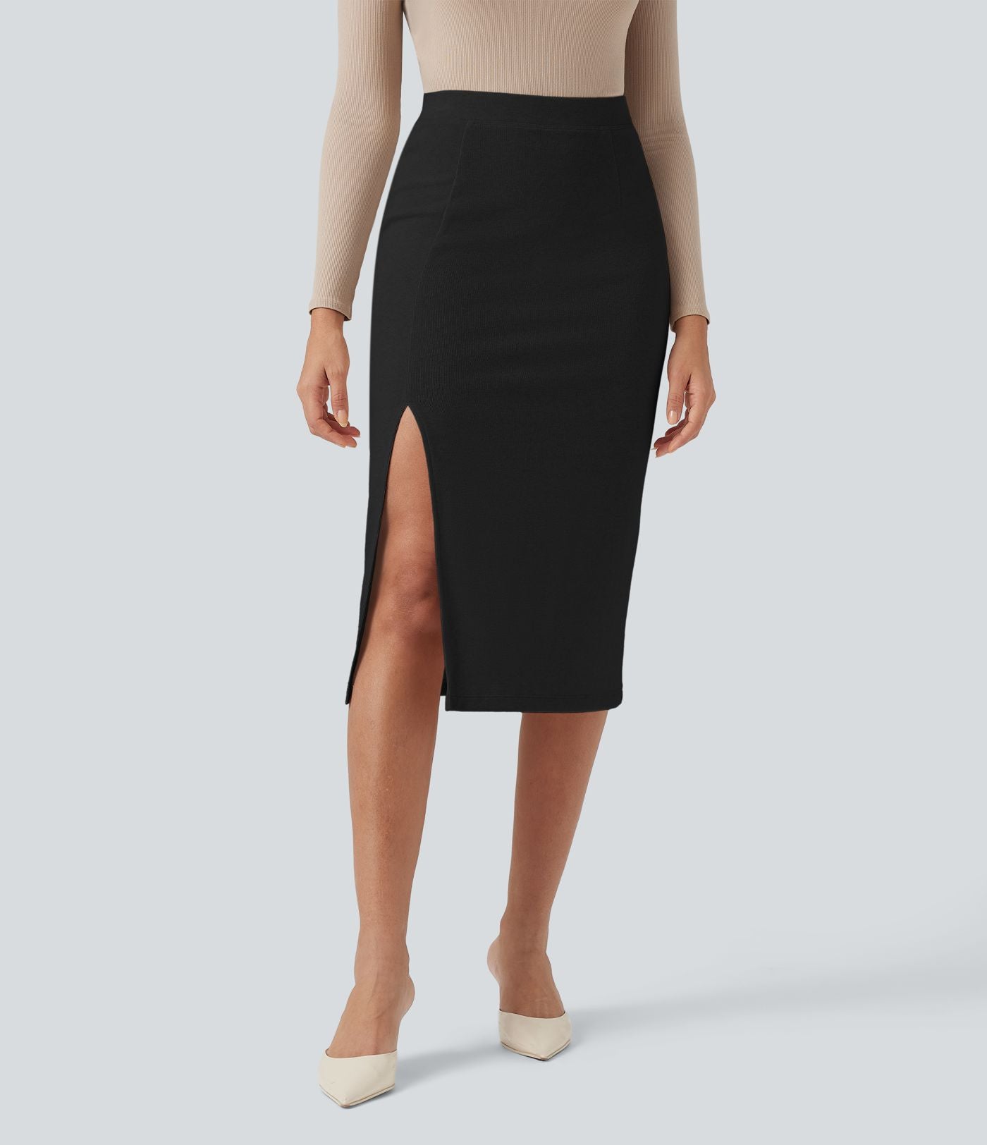 Jupe mi-longue moulante fendue taille haute