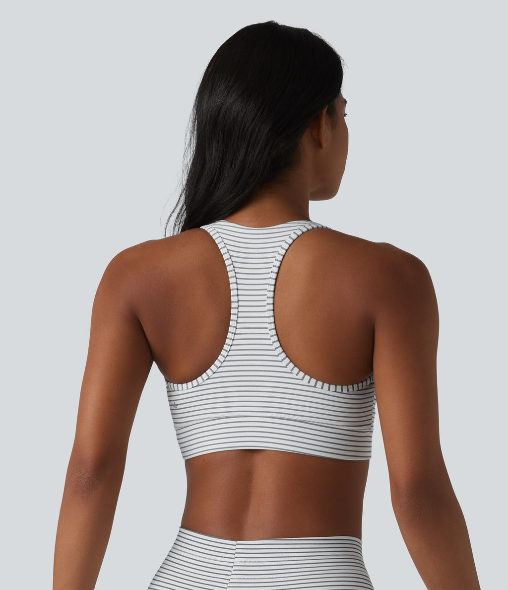 Brassière de sport col V dos nageur maintien moyen à rayures