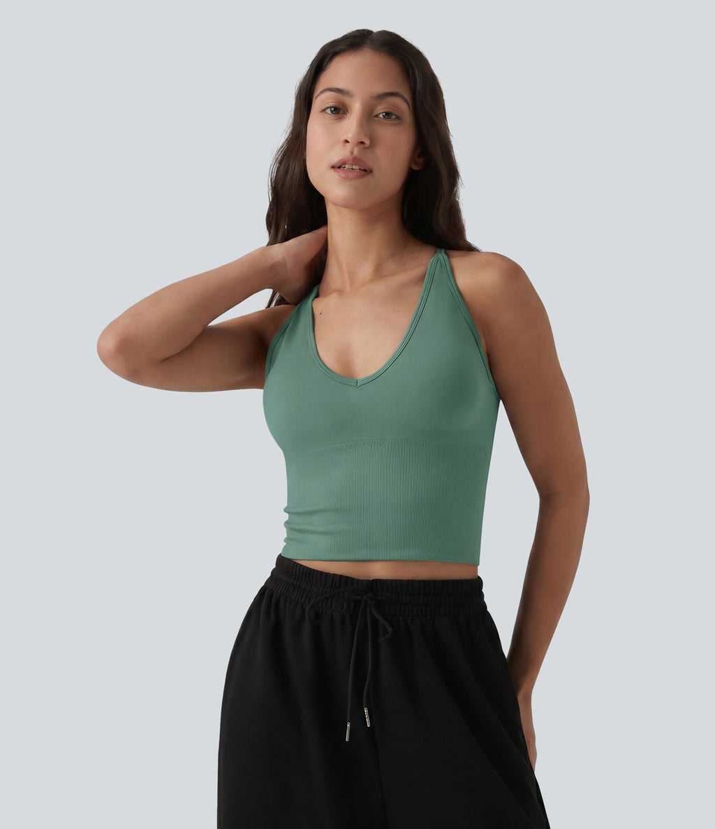 OneForm Seamless Flow Débardeur de yoga crop dos nu croisé décolleté en V profond avec soutien-gorge intégré