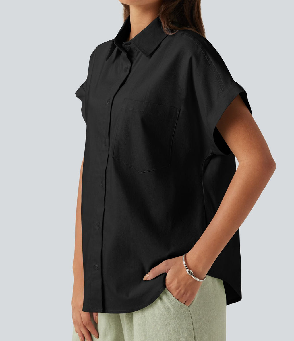 Chemise décontractée manches courtes en coton et lin avec poche