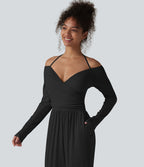Combinaison casual en maille côtelée dos nu noué épaules dénudées manches longues avec soutien-gorge intégré et poches