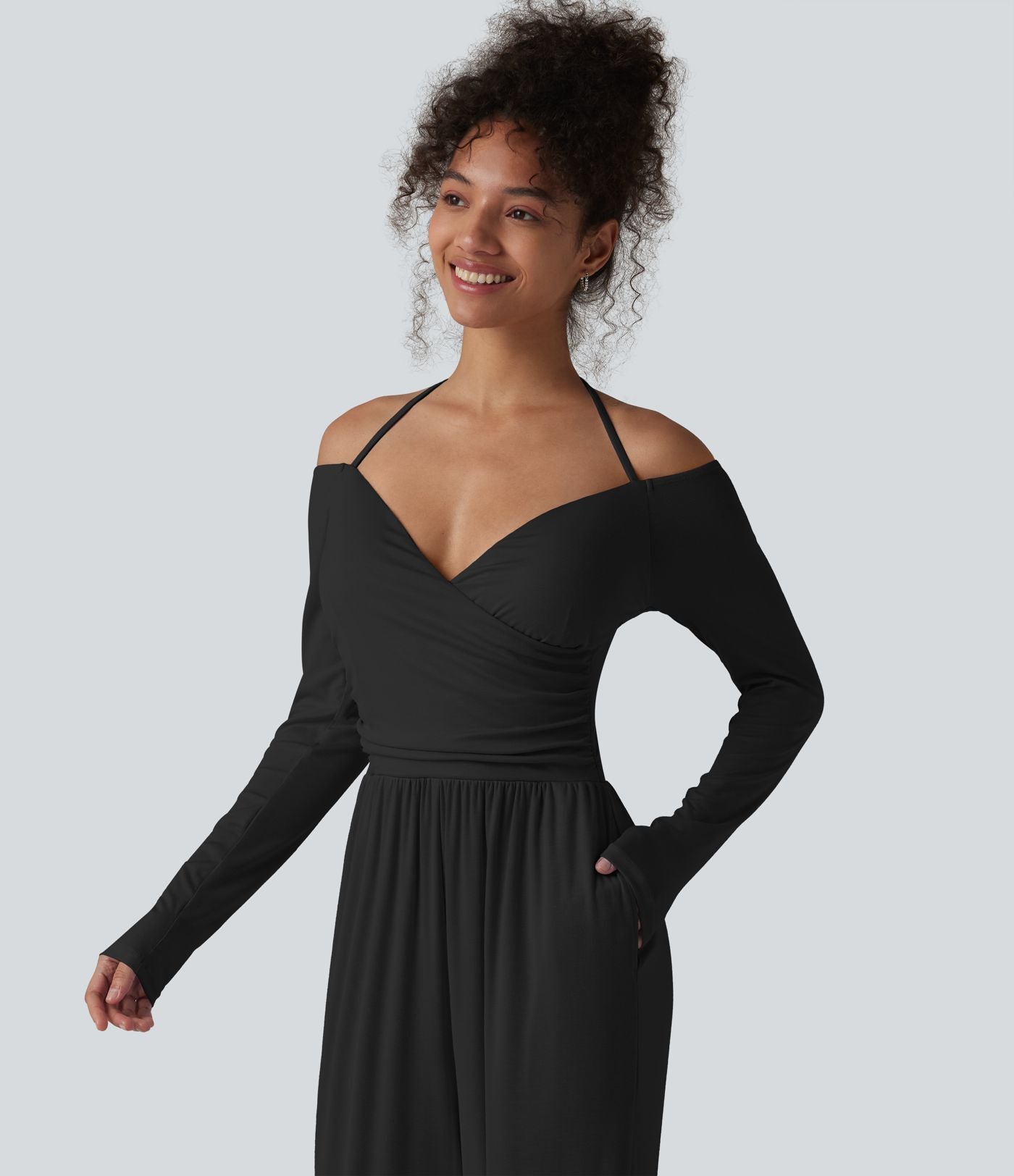 Combinaison casual en maille côtelée dos nu noué épaules dénudées manches longues avec soutien-gorge intégré et poches