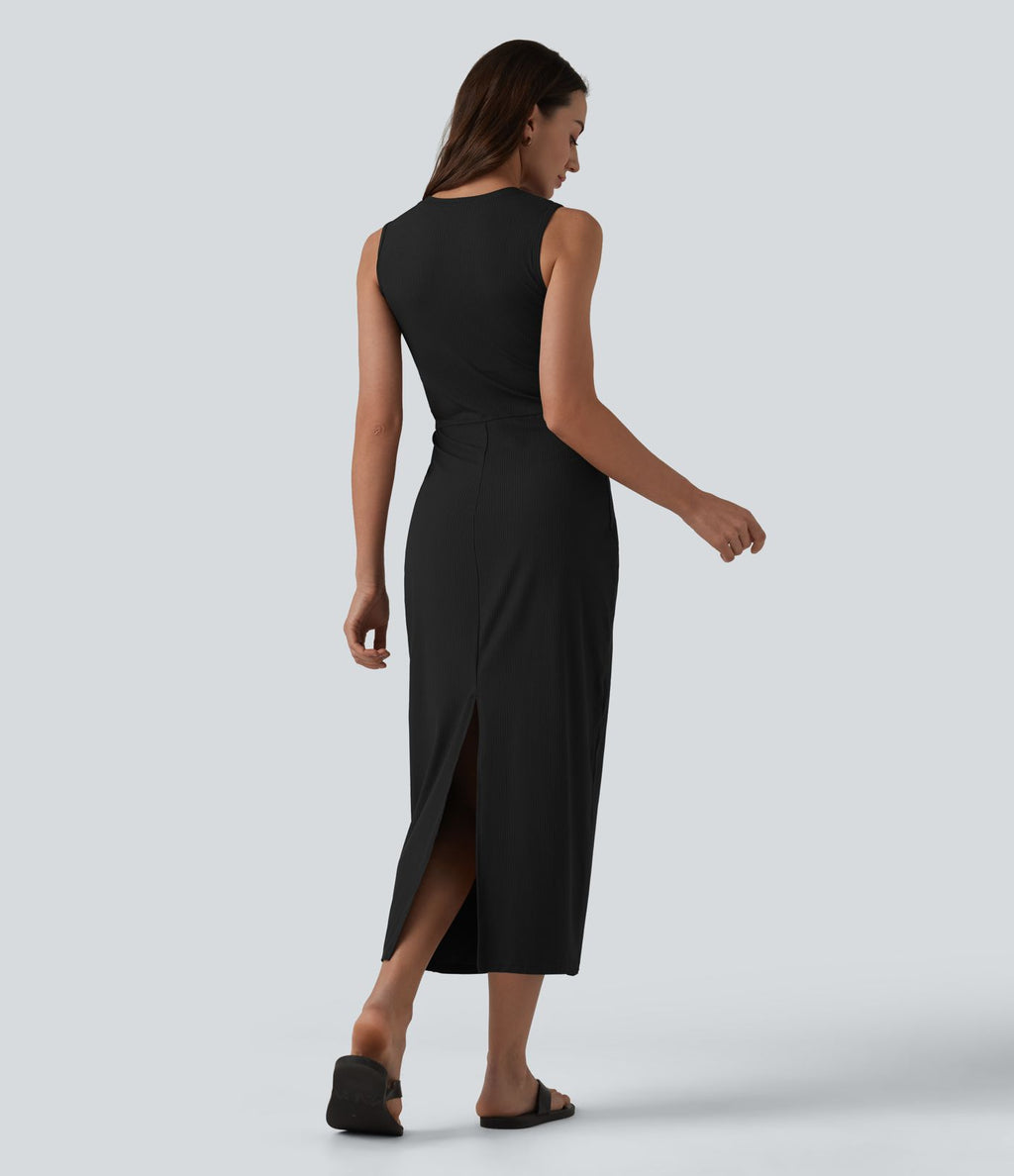 Robe midi moulante décontractée côtelée à col rond sans manches avec soutien-gorge intégré