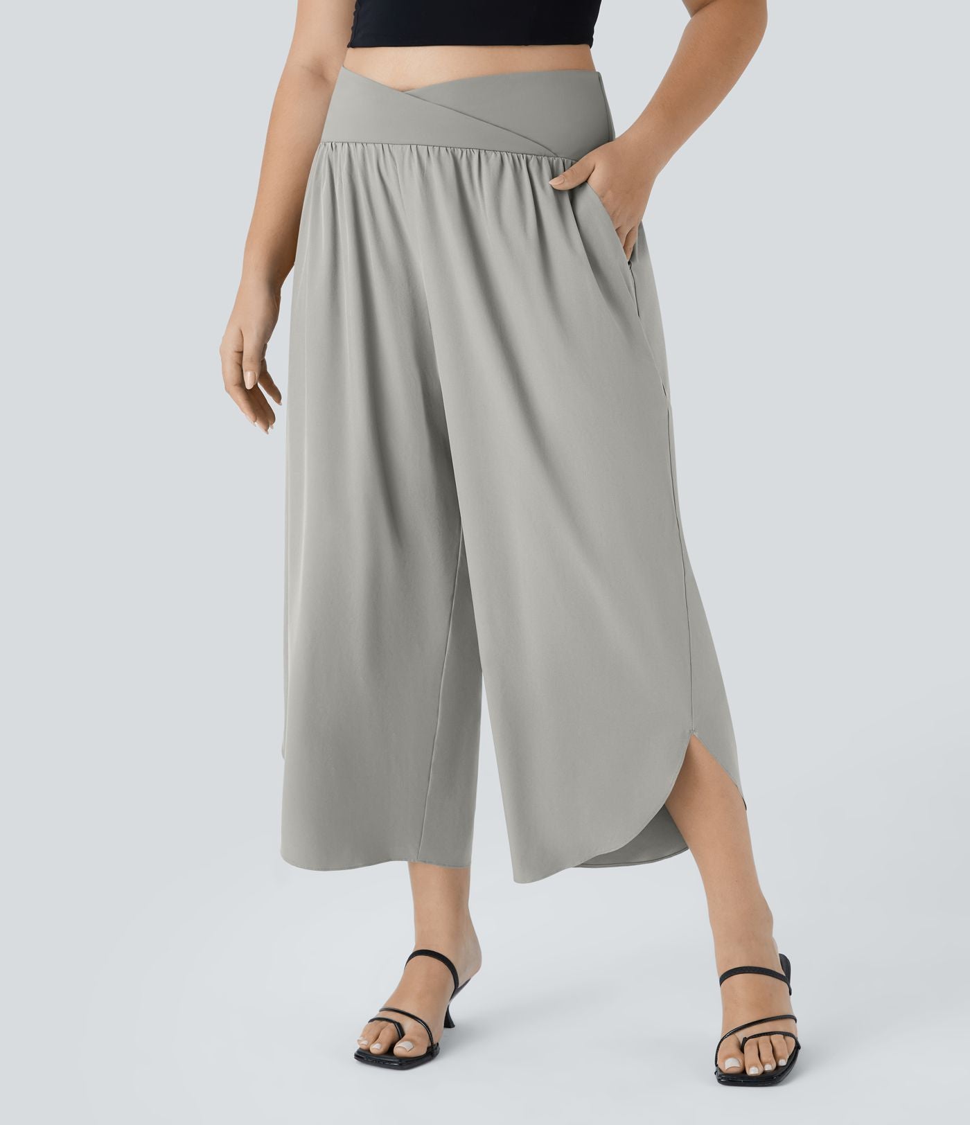 Breezeful™ Pantalon de Vacances Grande Taille Taille Haute avec Découpe Croisée Plissé Poche Latérale Fente et Séchage Rapide