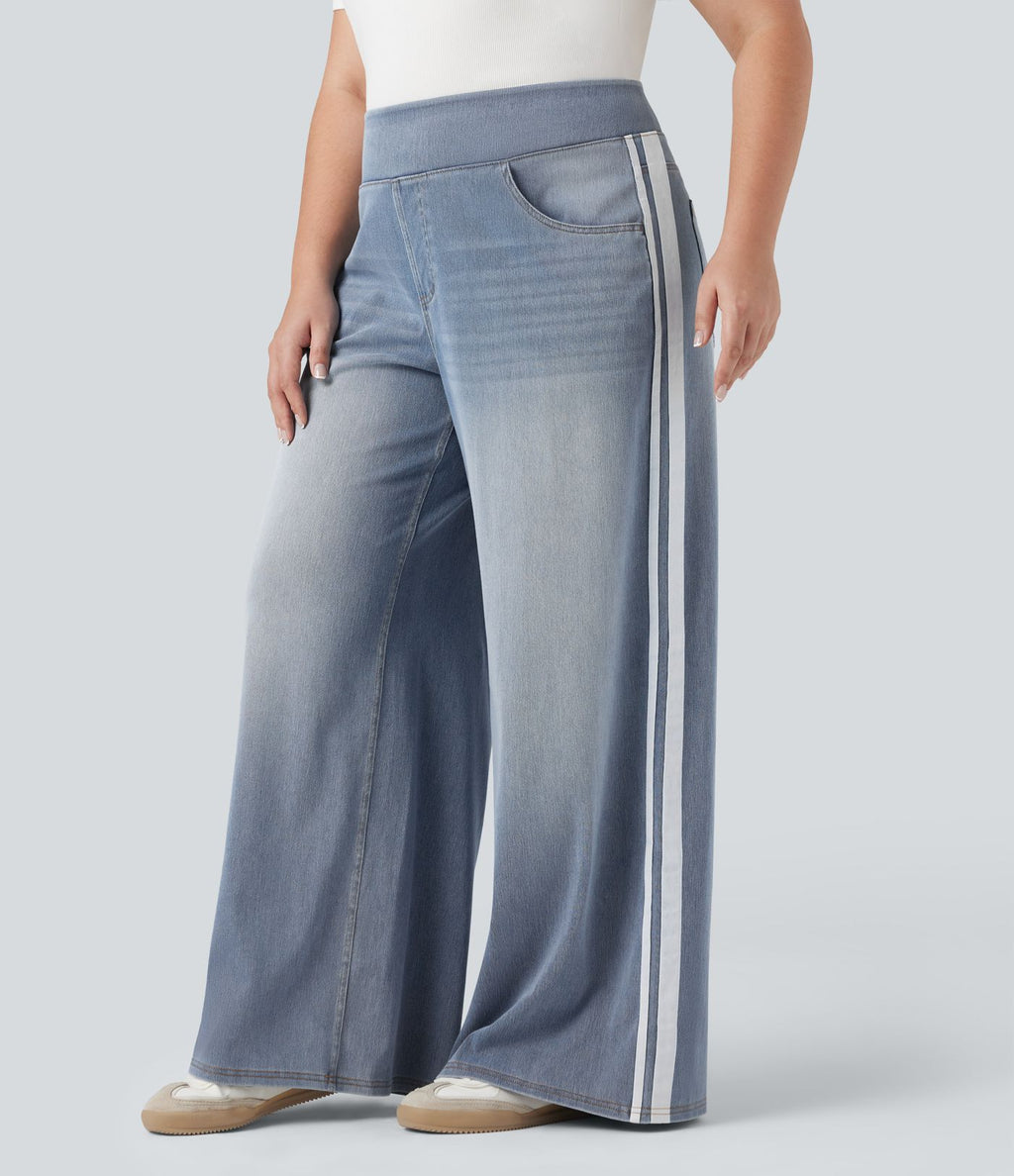 Halara Flex™ Jean large fluide taille haute à rayures délavé décontracté grande taille avec poches