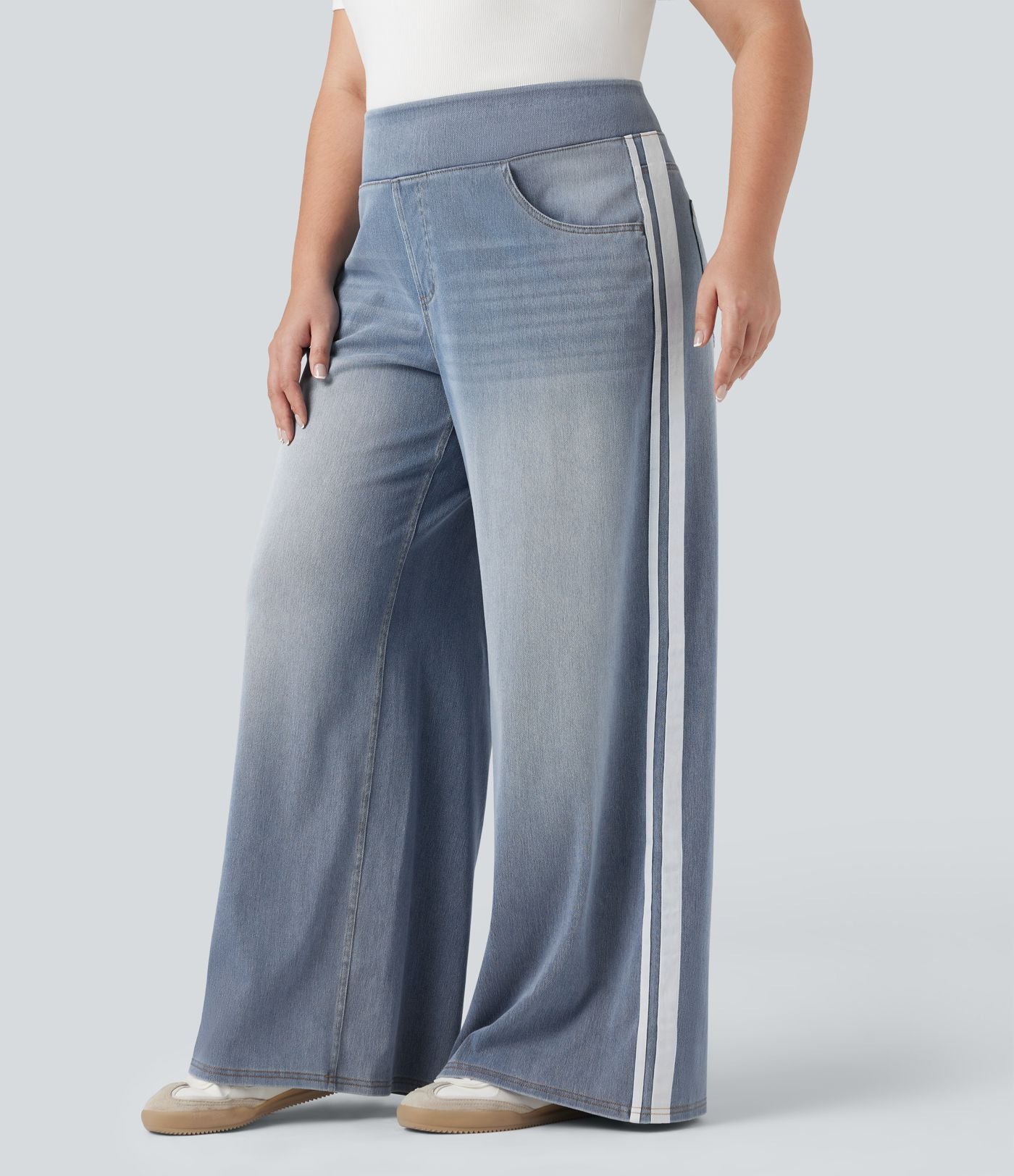 Halara Flex™ Jean large fluide taille haute à rayures délavé décontracté grande taille avec poches