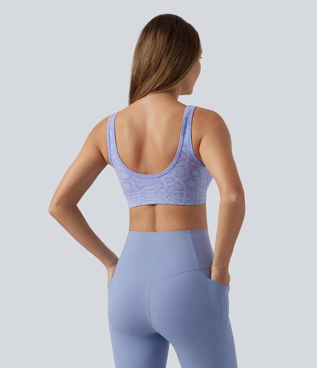 Brassière de sport yoga OneForm sans couture Flow maintien léger col U imprimé python avec soutien-gorge intégré