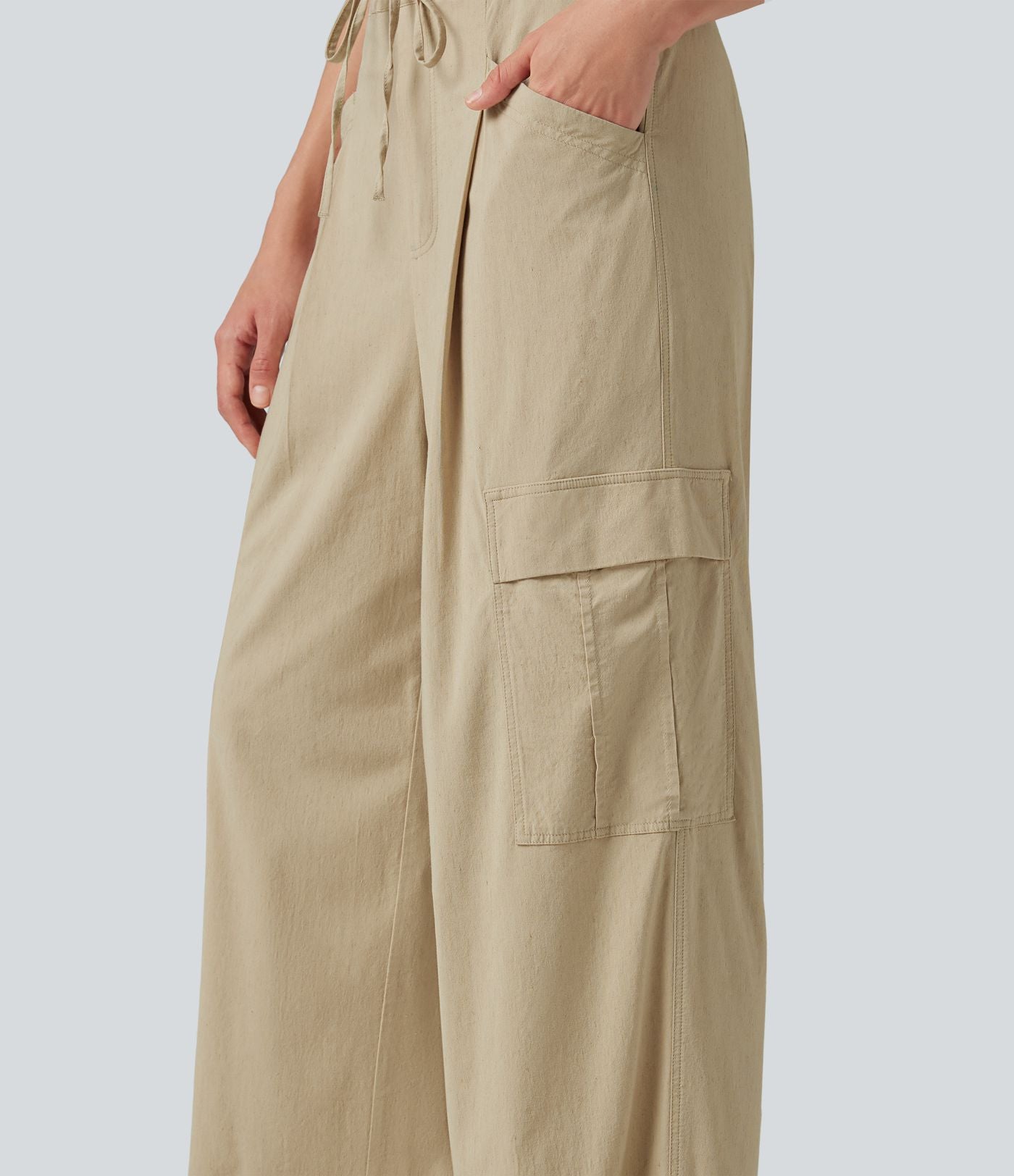 Pantalon cargo décontracté en lin extensible coupe droite taille mi-haute avec cordon de serrage et poches