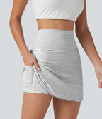 Mini-jupe de golf 2 en 1 à rayures, taille ultra haute, effet ventre plat, ourlet arrondi et poches