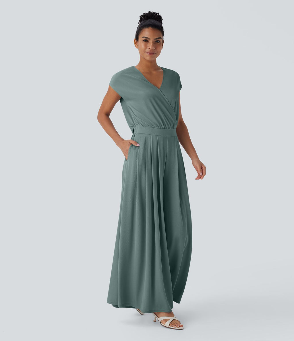 Combinaison fluide en tissu gaufré, col V, manches courtes, jambes larges et poches latérales - Easy Peasy Edition