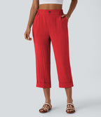 Pantalon capri effet lin taille haute avec poches zippées
