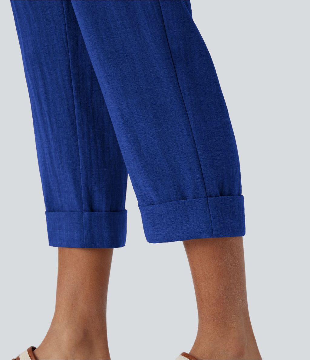 Pantalon capri effet lin taille haute avec poches zippées