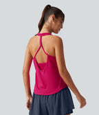 Débardeur de yoga à encolure U, ourlet arrondi, toucher frais, séchage rapide, coussinets amovibles et protection solaire UPF 50+