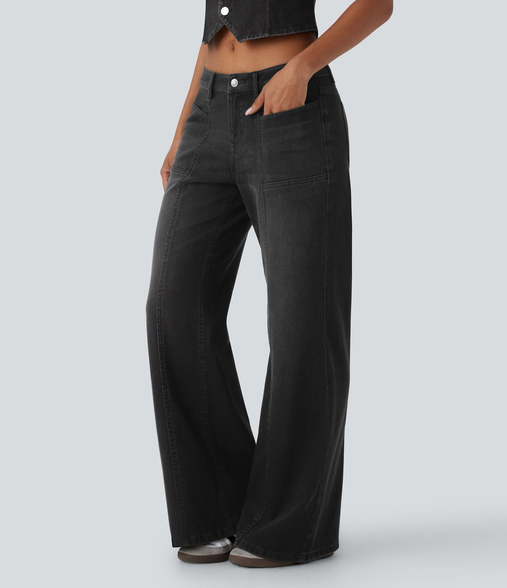 Jean bootcut délavé Halara Flex™ taille basse à poches multiples et fermeture zippée