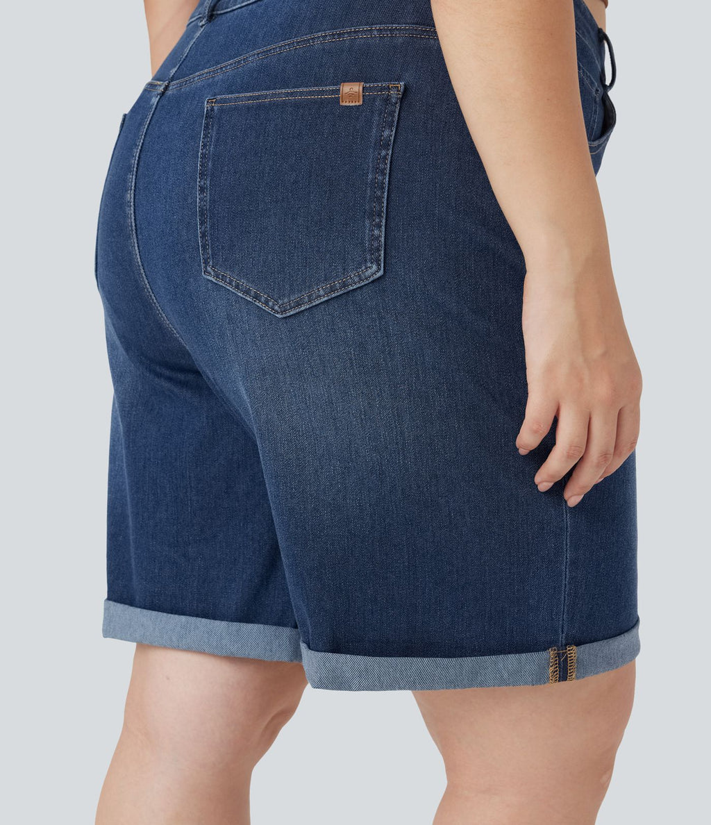 Short bermuda casual denim grande taille Halara Flex™ tricot extensible délavé taille haute multiples poches ourlet roulotté