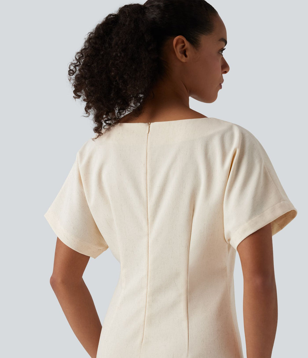 Robe mi-longue de travail col bateau manches courtes mélange lin