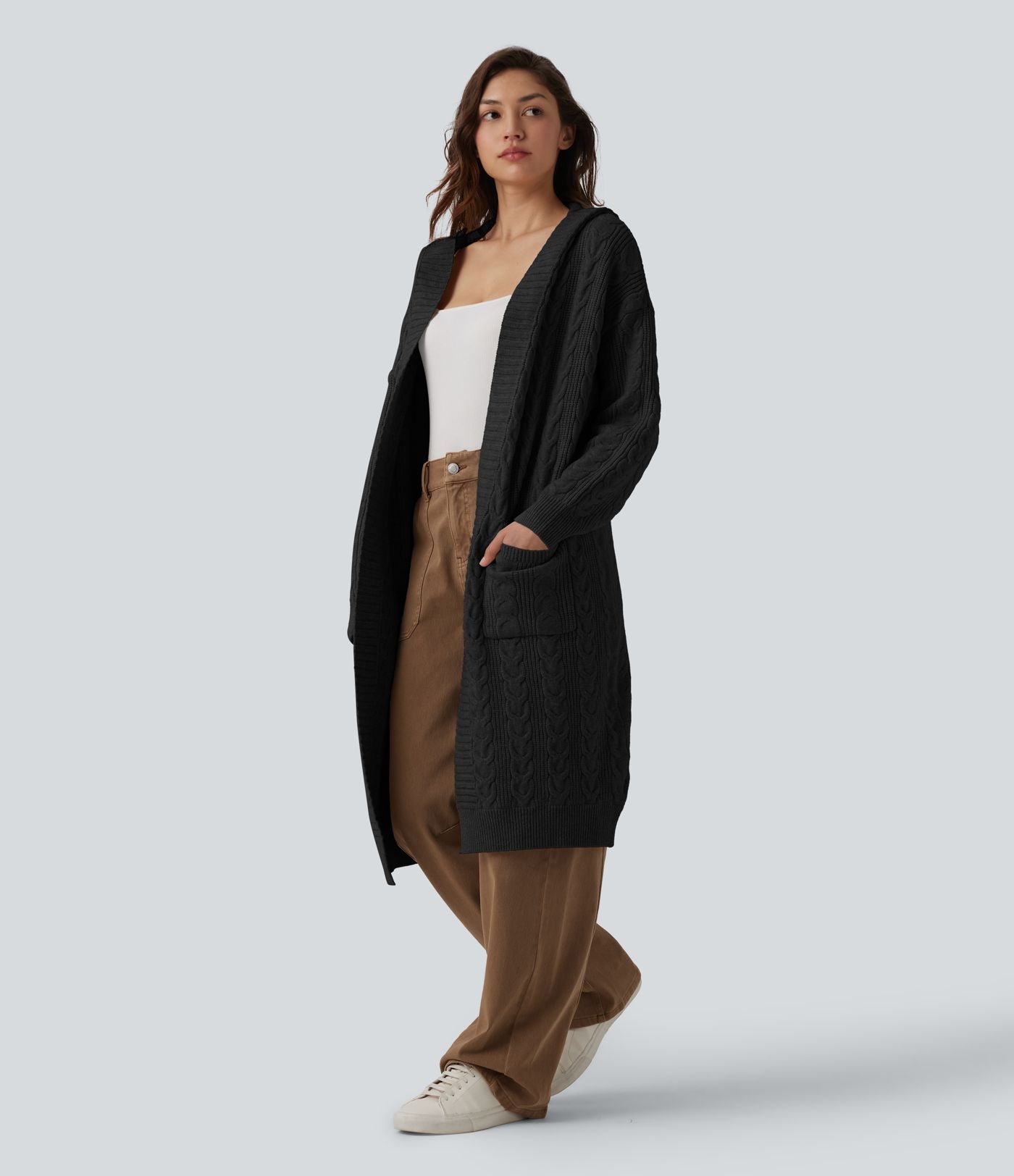 Gilet long casual à capuche manches longues avec poches