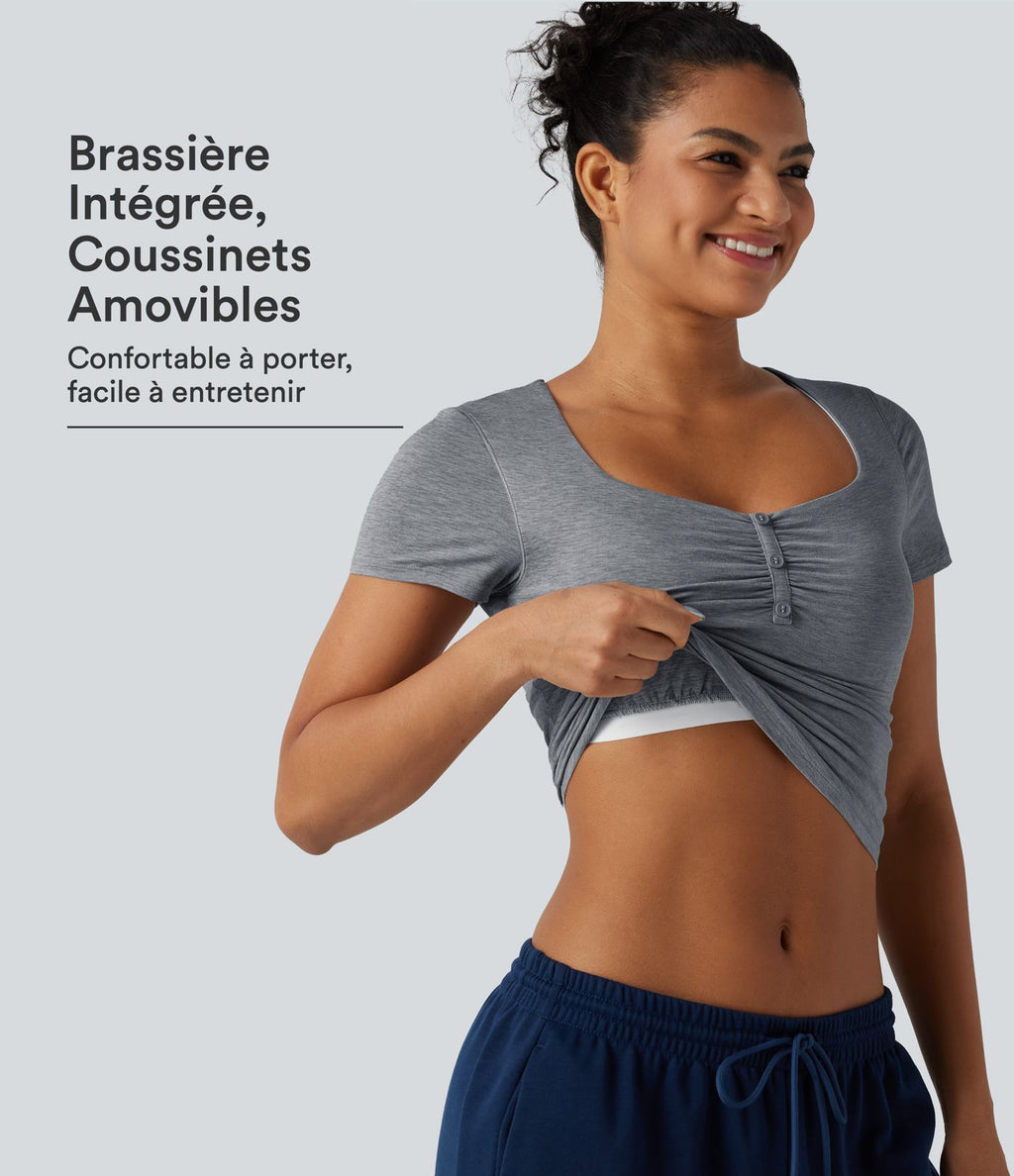 Top de sport de yoga [col losange] à manches courtes avec brassière intégrée, fronces et ourlet incurvé