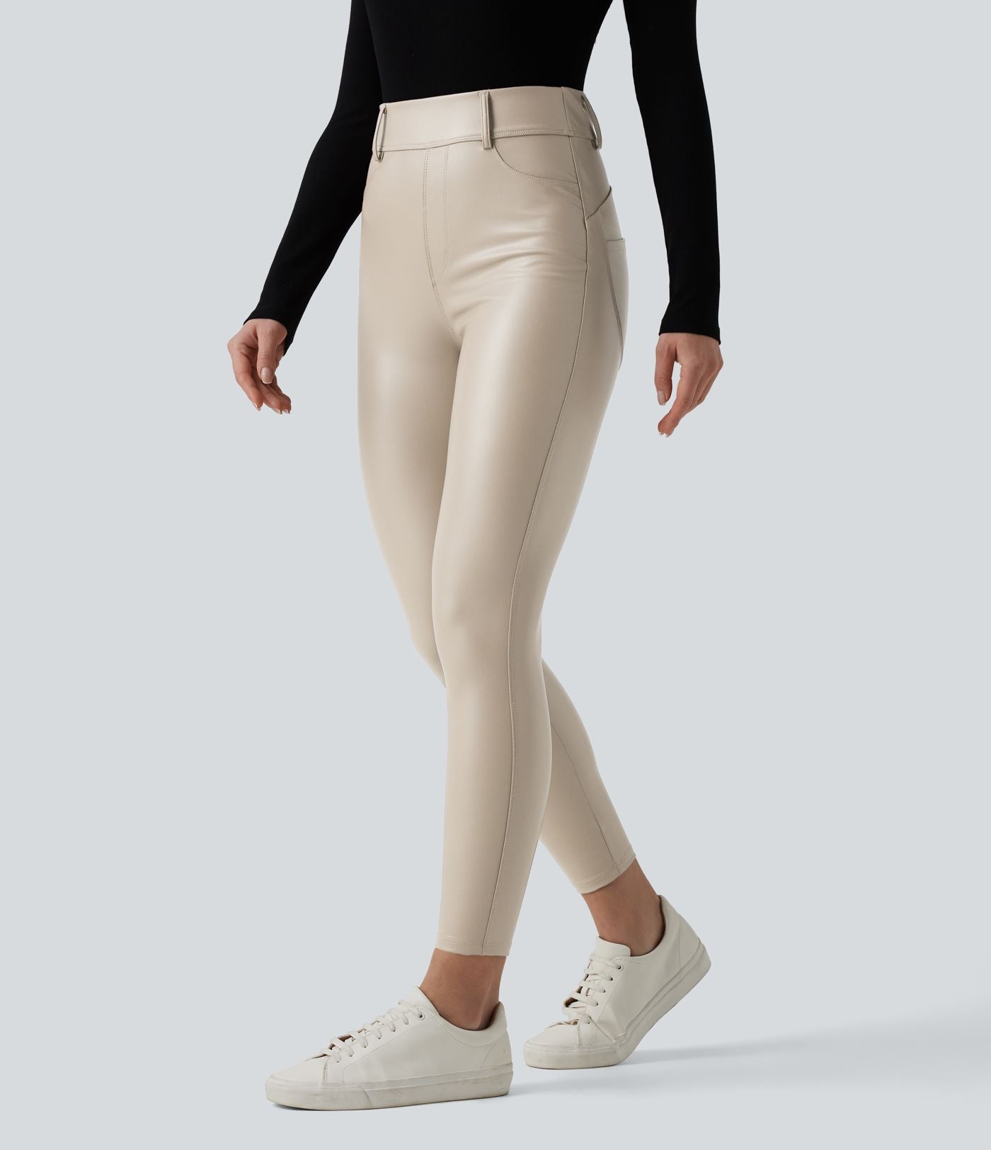 Pantalon polaire simili cuir extensible taille haute avec poches