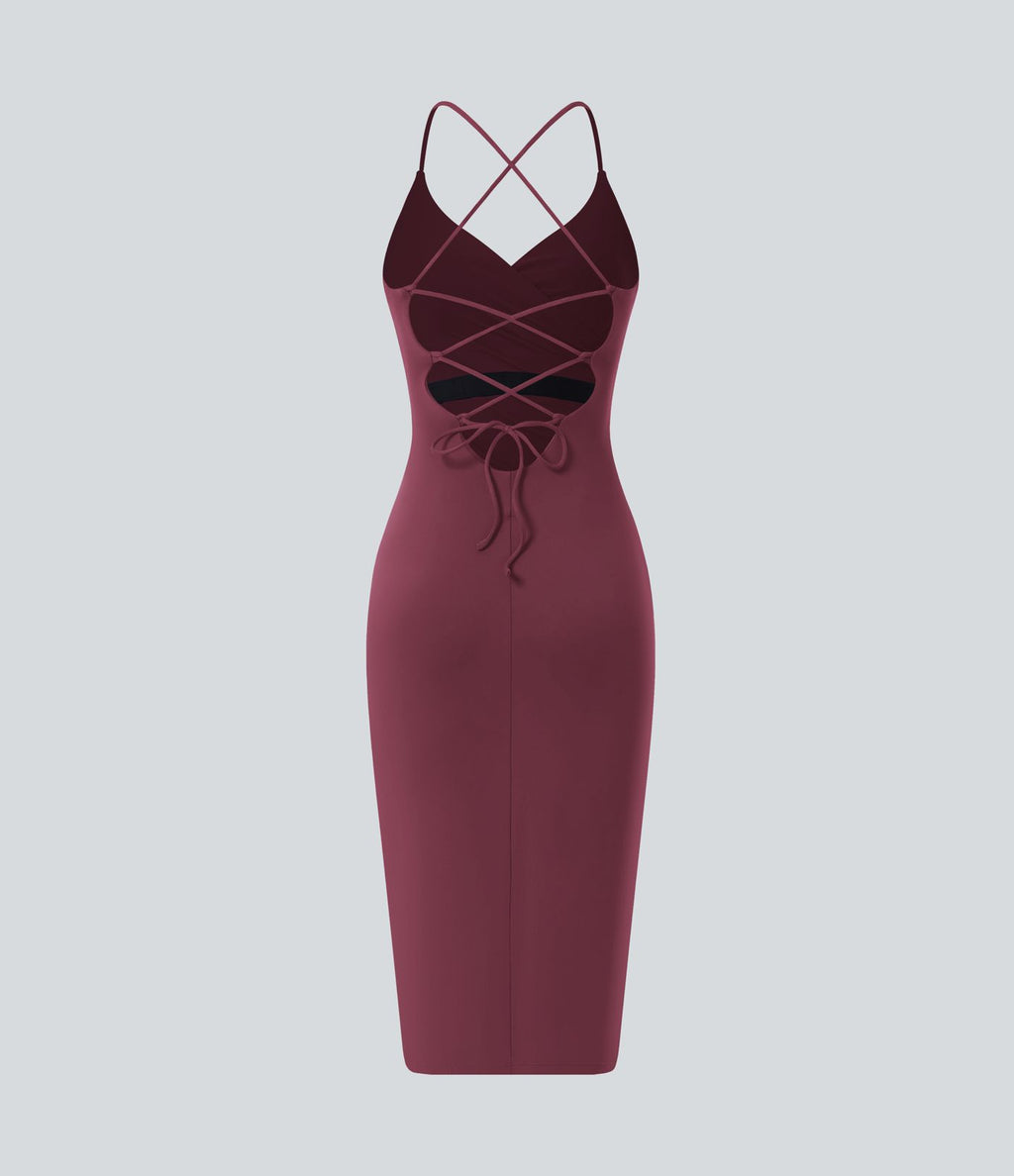Robe moulante SoftlyZero™ Airy fendue à effet frais InstantCool, brassière intégrée, dos nu croisé à lacets, légèrement plissée pour invitée de mariage et demoiselle d'honneur