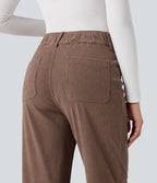 Pantalon décontracté droit taille haute en velours côtelé avec poches