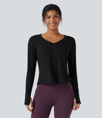 Top de sport yoga chiné col V manches longues avec trous pouces ourlet arrondi