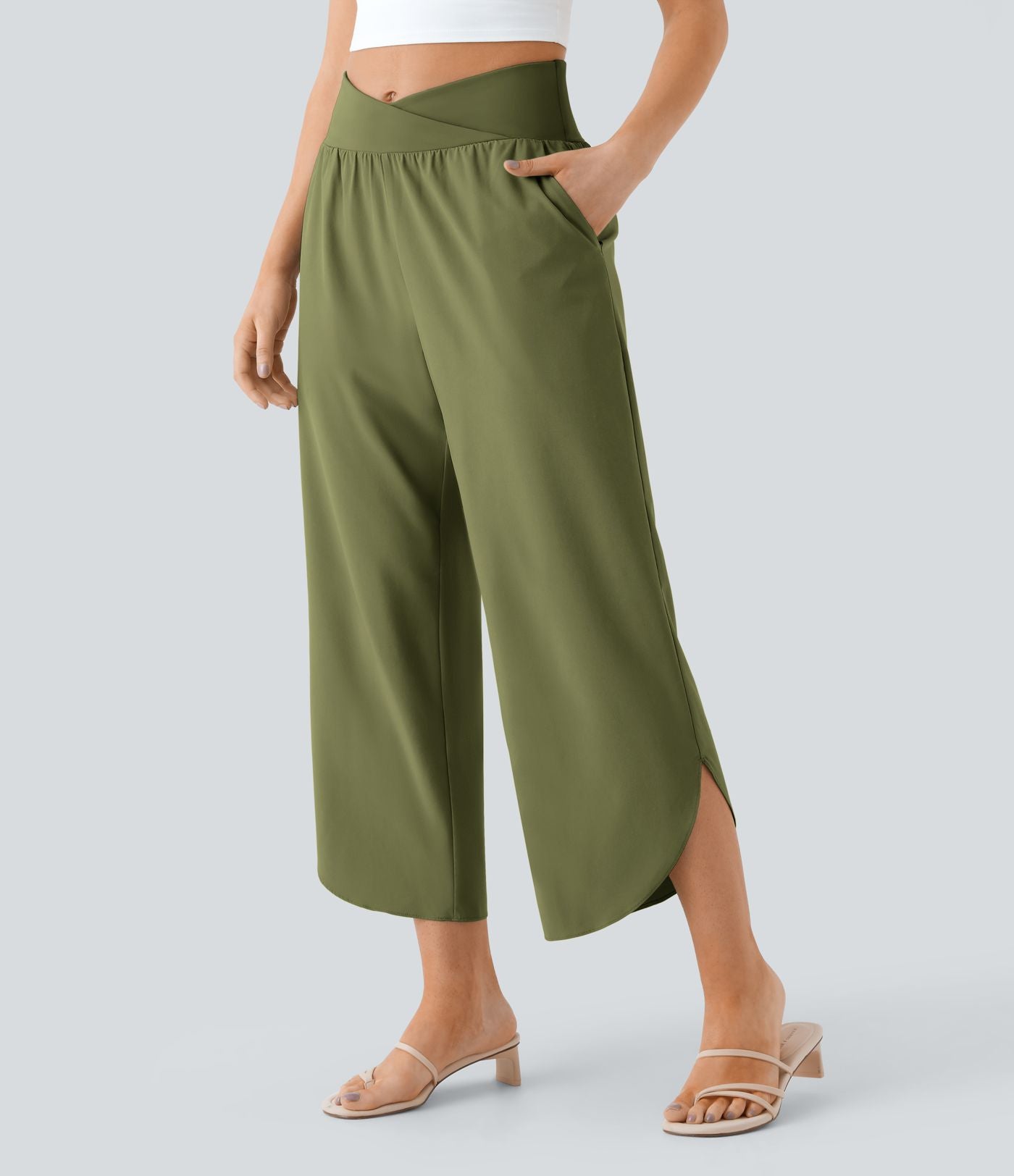 Breezeful™ Pantalon Fluide Vacances Séchage Rapide Taille Haute Croisée Poches Latérales Plissées Fente